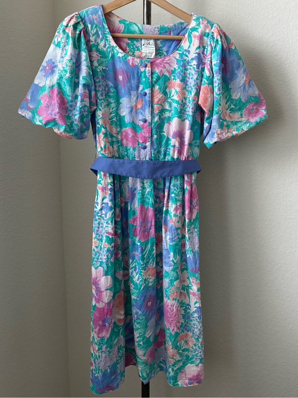 Vintage 80s Dress Floral sz 4 Puff Sleeve Pastel Spring Summer 100% Cotton